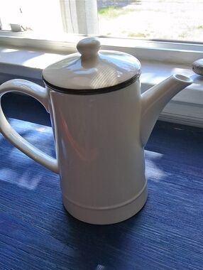 Cost Plus World Market Cream Ceramic Coffee Pot with Black Rim